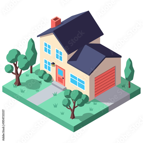 An isometric illustration of a charming two-story suburban house with a garage, surrounded by lush green trees and manicured lawns, on a bright sunny day.