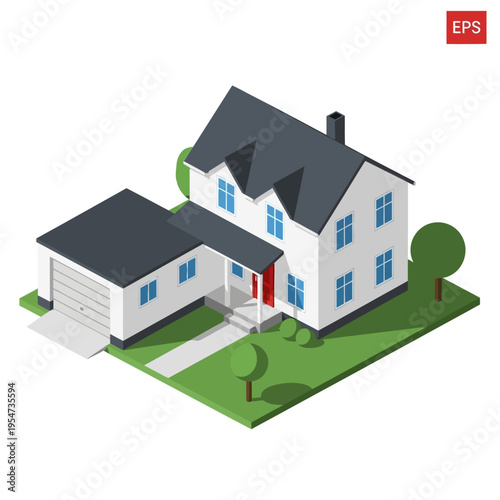 Isometric illustration of a modern two-story house with an attached garage, surrounded by a green lawn and trees.