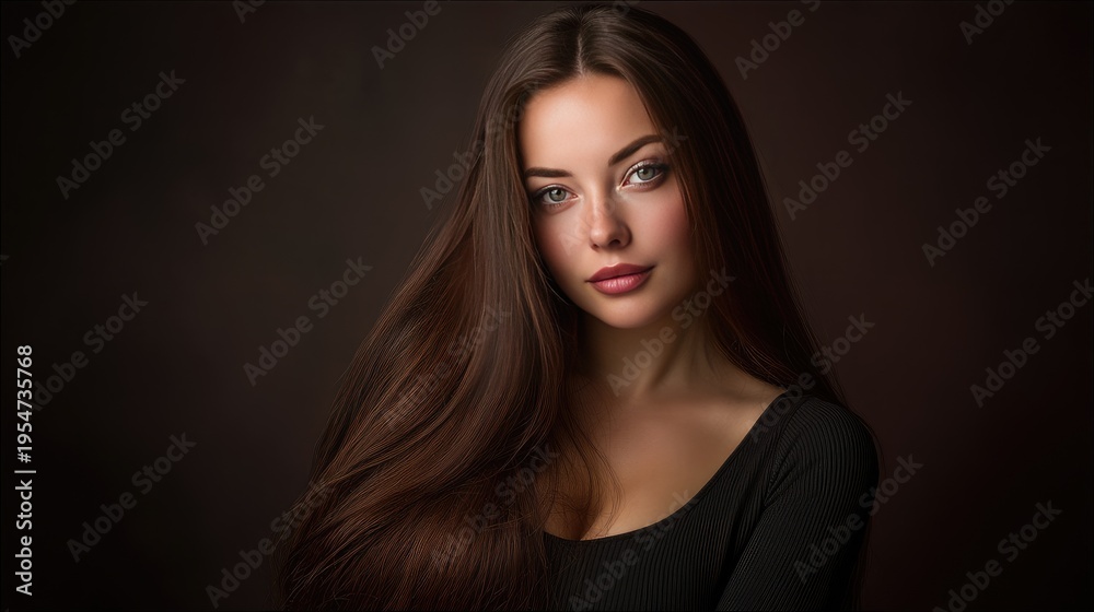 Fototapeta premium Captivating Portrait of a Young Woman with Long, Flowing Hair, Soft Expressions, and Beautiful Features Against a Dark Background