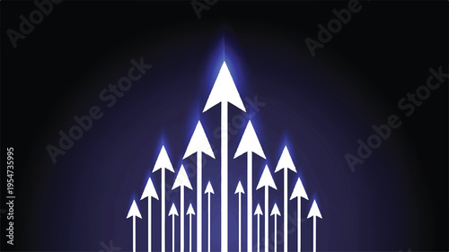 A digital rendering of glowing arrows rising upward in a pyramid formation on a dark background