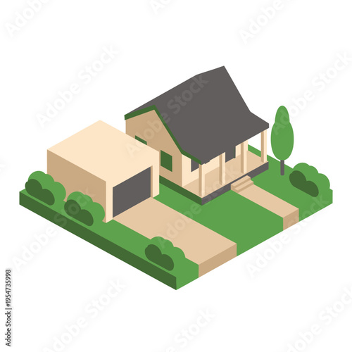 Isometric illustration of a suburban house with an attached garage and a well-maintained lawn, showcasing a typical residential property.