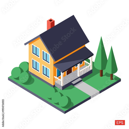 Isometric illustration of a charming yellow house with a dark roof, a porch, and surrounding greenery, including trees and bushes, set against a white background.