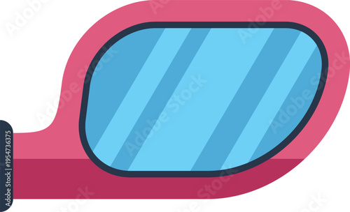 Car side view mirror displaying its red casing and blue reflecting surface