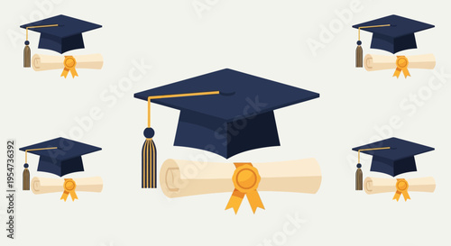 Graduation Cap and Diploma Icons Set, Vector Illustration of Mortarboard and Certificate for Academic Achievement and Education Design