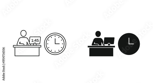 Vector illustration depicting office work, time management, and productivity with outline and glyph icons.