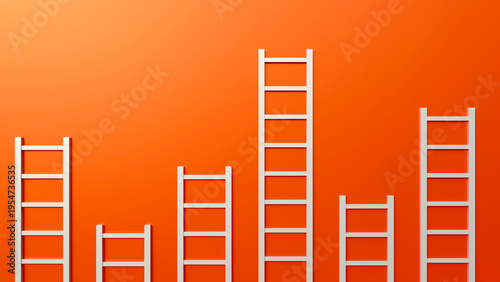 Multiple white ladders with varying heights against orange background. Symbolic representation of career growth and professional hierarchy. Abstract business development and stepping up to success.
