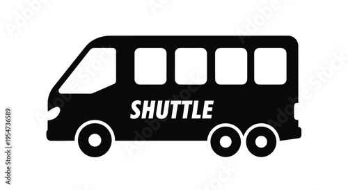 Simple black and white vector graphic illustration of a small passenger shuttle bus with text label