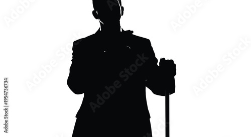 Mysterious business man silhouette vector illustration with a walking cane and an elegant hand gesture.