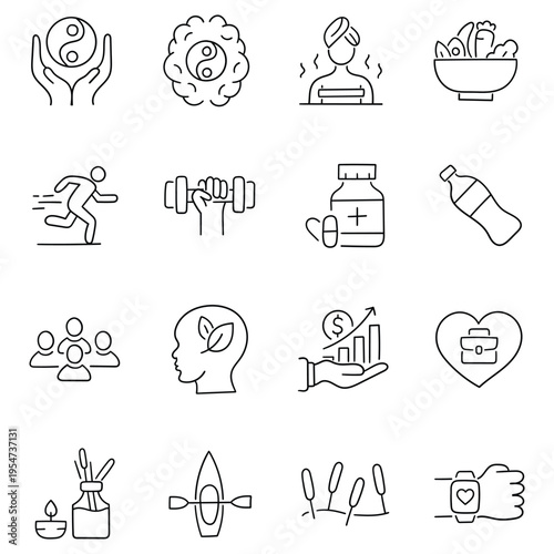 Hand-drawn doodle set of wellness icons on a white background.