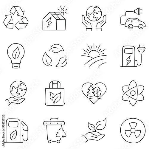 Hand-drawn doodle set of ecology and environment icons on a white background.
