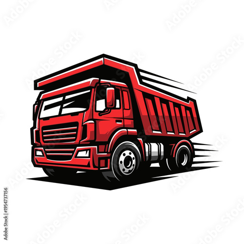 A red dump truck driving on road.