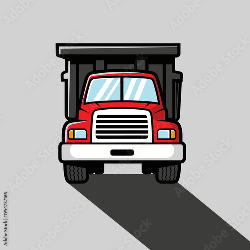 A red truck with a large black dump bed.