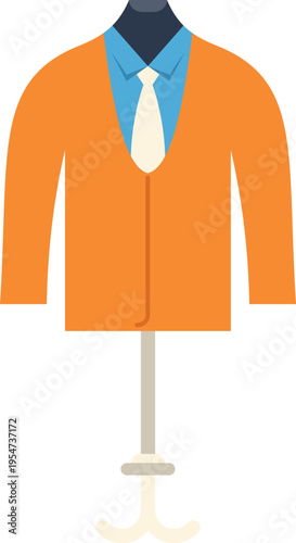 Mannequin bust wearing a formal outfit with an orange jacket, blue shirt, and white tie