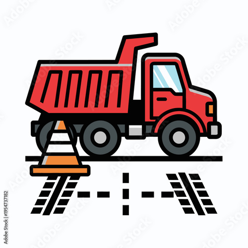 Red dump truck with road block.