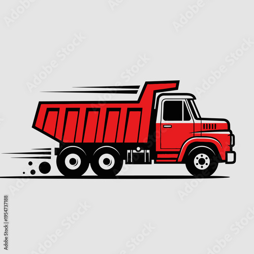 A red dump truck driving fast.