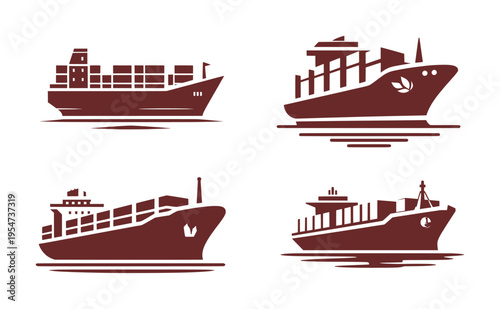 vector set silhouette logo of cargo container ship or expedition