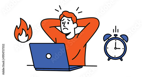 Overwhelmed man experiencing work burnout with a laptop, deadline pressure, and urgent tasks vector illustration.