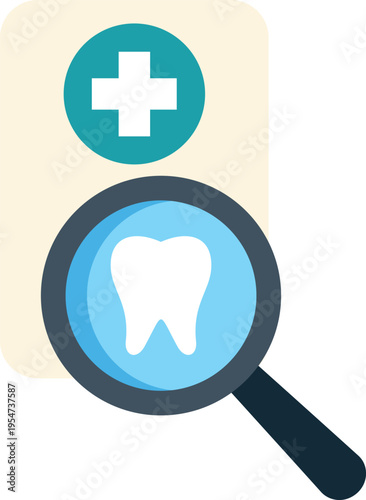 Dental health research represented by a magnifying glass over a tooth icon with a medical cross