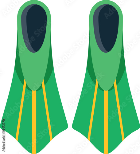 Pair of green flippers for swimming and underwater sport activity