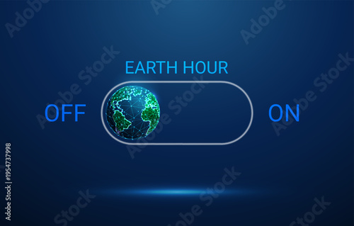 Blue OFF button with planet Earth. Environmental awareness, Earth Hour initiative, global sustainability, eco-friendly behavior, environmental responsibility concept.