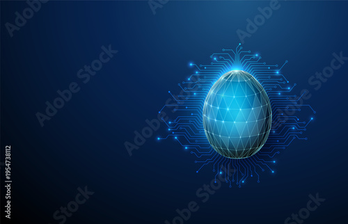 3d blue Easter egg with spreading microchip circuit lines beneath it. Festive technology concept, high-tech holiday symbol, modern electronics aesthetics concept.