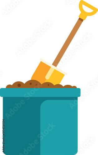 Toy shovel standing in a bucket filled with sand