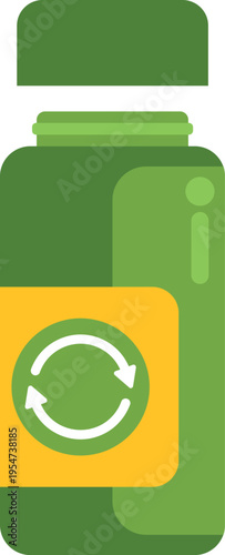 Green bottle displaying recycling symbol on yellow label, advocating environmental care