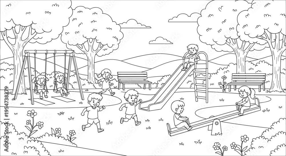Obraz premium Happy children playing outdoors at a park, black and white outline drawing
