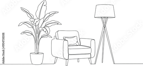 Continuous one line drawing of modern armchair tripod floor lamp and potted banana leaf plant home interior decoration