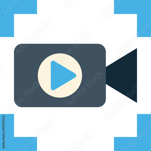 Video camera recording or playing content, with a play button on its screen and a focus frame