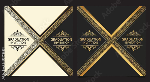 Elegant Graduation Invitation Template Set with Luxury Gold Floral Ornaments and Sophisticated Black Design for Formal Academic Announcements