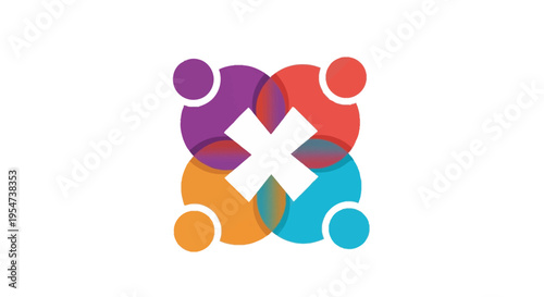 Colorful Abstract People Logo Icon with White Cross Negative Space Representing Diversity, Community, Healthcare, and Teamwork Collaboration