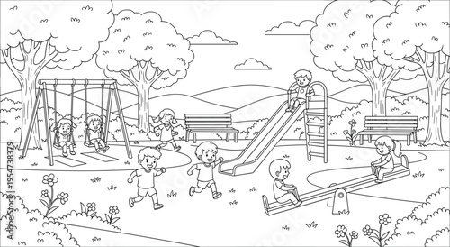 Happy children playing outdoors at a park, black and white outline drawing