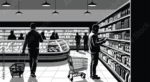 People shopping in a monochromatic vector grocery store with a variety of products on shelves.