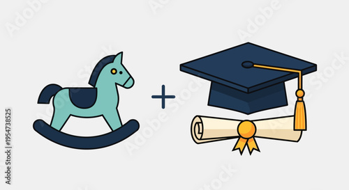 Conceptual Illustration of Educational Growth: Rocking Horse Plus Graduation Cap and Diploma Representing Journey from Childhood to Higher Education Success