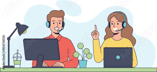 Customer support team with headsets working on laptops at help desk for telemarketing and online service