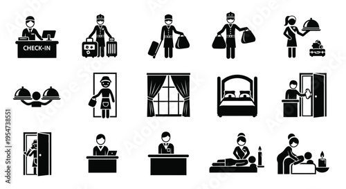 Set of black and white vector graphic icons representing various essential hotel services and staff activities