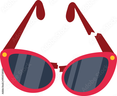Broken red sunglasses on a white background indicating damage or an accident