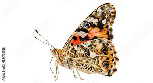 Detailed close up of a vibrant painted lady butterfly vanessa cardui with intricate wing patterns in orange brown black and white perched delicately on an unseen surface
