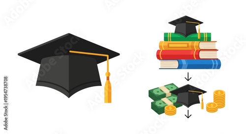 Graduation Cap, Books, and Money Flat Vector Illustration - Concept of Education Investment, Student Loans, and Financial Success