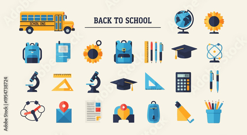 Back to School Education Icon Set - Flat Vector Illustration of School Bus, Supplies, and Science Equipment for Students and Learning Concepts