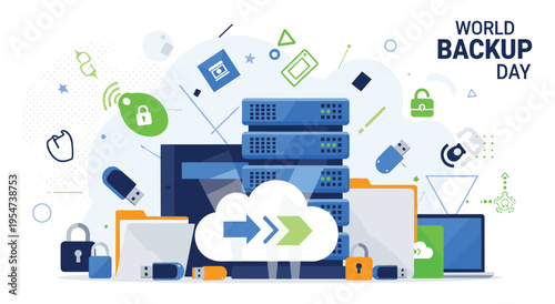 World backup day concept with data storage and security elements