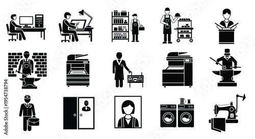 A comprehensive collection of professional occupations and industry jobs vector graphic illustration in black silhouettes.