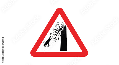 Vector graphic illustration warning sign indicating falling or broken tree hazards ahead on roadway
