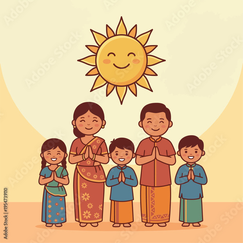 Ayubowan Pose Family Celebrating Sinhala and Tamil New Year with Traditional Attire and Smiling Sun Illustration