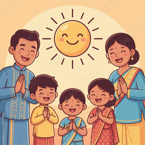 Ayubowan Pose Family Wishing Sinhala and Tamil New Year with Smiling Sun Vector
