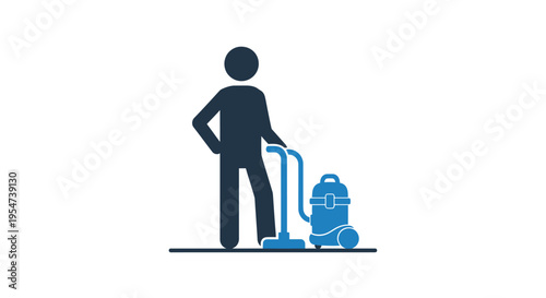 Vector graphic illustration of a person cleaning a floor with a modern vacuum cleaner appliance.