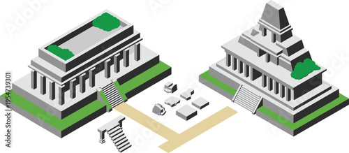 Ancient temple complex isometric illustration, historical architecture with columns stairs and ruins, cultural heritage vector design isolated 3D scene