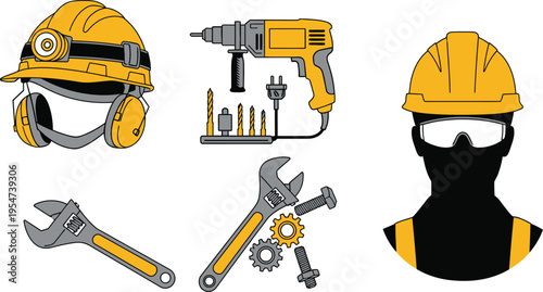 A collection of construction site safety gear and professional mechanical repair workshop tools