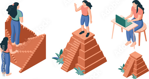 Archaeology exploration concept with ancient pyramid ruins and people research, historical study scene isometric vector illustration isolated cultural heritage design